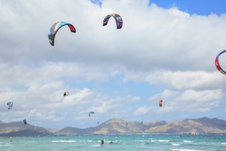 Kitesurfing at Alcudia beach, Mallorca, Balearic Islands, Spain, Europe
