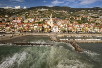 Aerial view of the town and harbour of Riva Ligure, Riviera di Ponente, Liguria, Italy, Europe