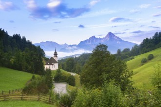 Maria Gern pilgrimage church, view of the Watzmann, in front of sunrise, Berchtesgarden Alps,