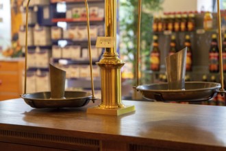 Close-up of an old pharmacist's scales in a pharmacy
