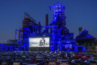 Drive-in cinema Dortmund, against the backdrop of the former blast furnace plant Phönix-West in