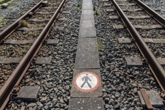 Island railway track, no trespassing sign, passage prohibited, North Sea island of Borkum, Lower