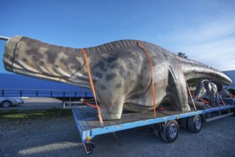 Large dinosaur figure loaded in parts on a heavy goods vehicle, Lauf an der Pegnitz, Middle