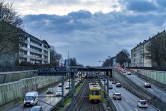 The Hausackerbrücke, inner-city road bridge over the A40 motorway and the U18 light rail line,