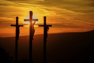 Sunset, crucifixion group, three crosses on the Kreuzberg in the Rhön, Kreuzberg near Bischofsheim,