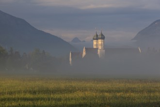 Monastery, church towers, fog, morning light, mountains, spring, Benediktbeuern Monastery, Alpine