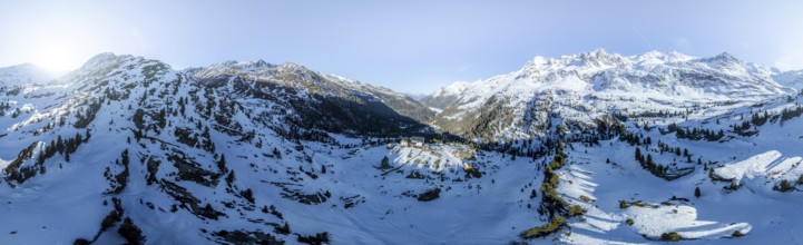 Zufallhütte in Val Martello, Alpine panorama, Aerial view, Snow-covered mountain landscape, Ortler