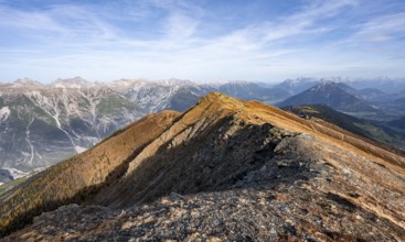 Mountain ridge of the Venet with summit Kreuzjoch, view from Wannjöchl on the ridge of the Venet to