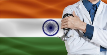 Doctor with stethoscope on India flag. Doctor holding stethoscope on India flag