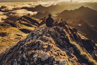 Sunrise hike on the Hochplatte in the Ammergau Alps, Ammergebirge in the Allgäu, Bavaria, Germany,