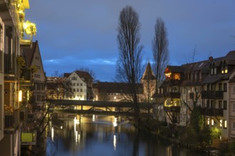 Night view of the historic Henkersteg bridge over the Pegnittz, Nuremberg, Middle Franconia,
