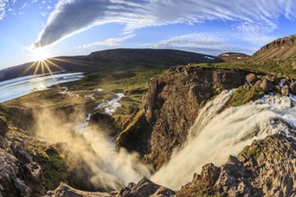 Waterfall, midnight sun, sun star, cloudy mood, mountains, coast, fisheye perspective, Dynjandi,