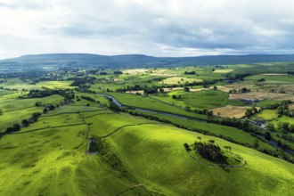 Farms and Fields over Yorkshire Dales National Park from a dron, North Yorkshire, England, United