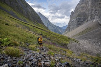 Hiker on the Carnic High Trail, Carnic Alps, Carnic Alps main ridge, Austria, Europe
