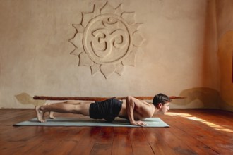 Profile of young athlete doing shoulder exercises in yoga studio, push-ups, chaturanga dandasana