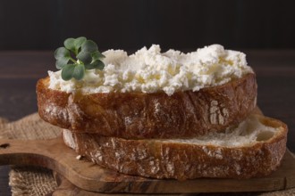 Sandwich, with cream cheese, homemade, on a cutting board, rustic style, no people, selective