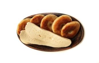 Mchadi, corn tortillas, traditional Georgian dish, corn bread, with Imeretian cheese, homemade, no
