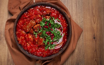 Chashushuli, a traditional Georgian dish, spicy, stewed meat with tomatoes and spices, homemade, no