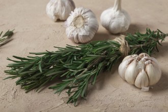 Fresh bunch of rosemary with garlic, on a beige background, food concept