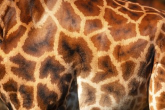 The giraffe has a pattern of brown and white spots on its back. The spots are arranged in a way