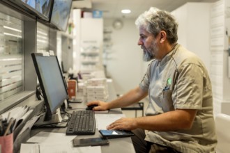 Side view portrait of a male mature pharmacist using computer for paperwork in the office