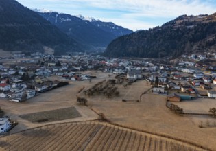 Drone shot, view of village with parish church, Prutz, Kaunertal, Inntal, Tyrol, Austria, Europe