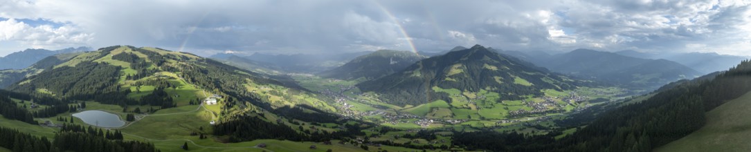 Alpine panorama in summer, rainbow, view over the Brixen valley, Hochbrixen, Brixen im Thale,