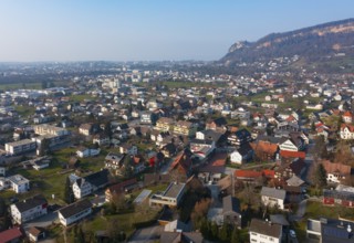 Drone image, residential buildings, residential area, town view, Wolfurt, Rhine Valley, Vorarlberg,