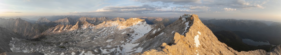 Sunrise, Alpine panorama, aerial view, Zugspitze and Zugspitzplatt with glacier, high mountains,