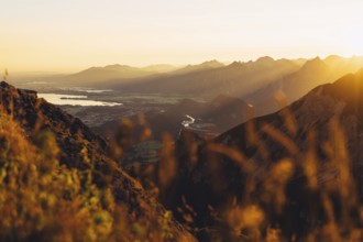 View from the Aggenstein and the foothills of the Alps in Ostallgäu and the Ammergebirge at
