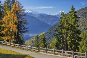 Autumn landscape above the Rhone valley with panorama of Dom 4545m, Matterhorn 4478m and Weisshorn