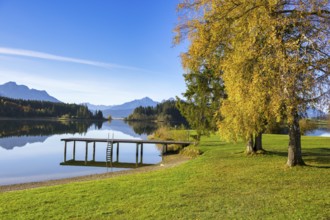 A quiet lake with a jetty, surrounded by autumnal trees and mountains under a clear blue sky,
