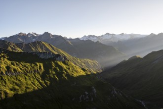 Mountain landscape at sunrise, view of mountain peaks of the Venediger group and into the