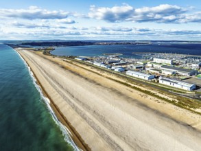 Chesil Beach from a drone, West Bay to Portland, Jurassic Coast, Dorset, England, United Kingdom,