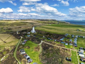 Portland Bird Observatory from a drone, Bill Lighthouse, Portland Bill, Isle of Portland, Dorset,