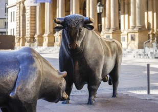 Bull and bear on the stock exchange square in front of the stock exchange, Frankfurt am Main,