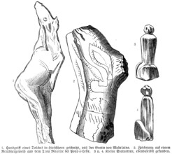 Handle of a dagger from the Grotte de la Madeleine and decorations of reindeer antlers and small