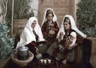 Group of woman from Bethlehem, Holy Land, today West Bank, Historical, digitally restored