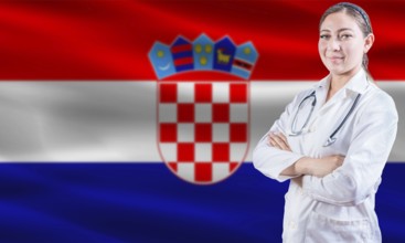 Female doctor on Croatian flag. Doctor with crossed arms on Croatian flag. Croatia health and care