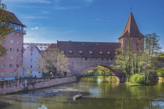 Schlayer Tower and Fronveste over Pegnitz in Nuremberg, Germany, Europe