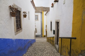 Old street with mosaic style paving stone stairs and white roughcast buildings with blue and yellow