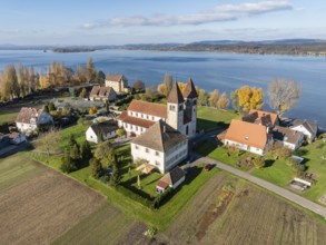 Aerial view of the north-western tip of the island of Reichenau in autumn with the district of