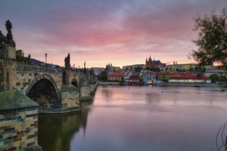 View over the Vltava River to the Hradcany, evening mood, Charles Bridge, Prague, Czech Republic,
