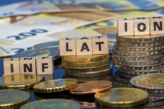 Symbolic image of inflation: euro coins and letters displaying the word INFLATION