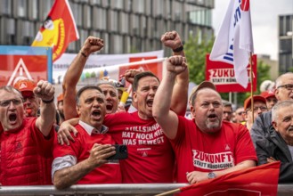 Demonstration by many thousands of steelworkers in front of the ThyssenKrupp headquarters in Essen