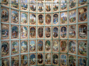 Church ceiling, wooden ceiling with New Testament scenes, apostles and the secondary patrons,
