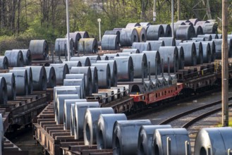 Strip steel coils, on freight wagons, at the ThyssenKrupp Schwelgern plant in Duisburg-Marxloh is