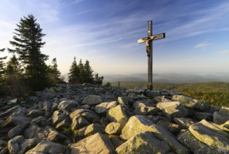Summit cross on the Lusen (1373m), morning light, Bavarian Forest National Park, Bavaria, Germany,