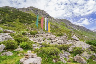 Alpine landscape with colourful flags and a sign next to piles of stones, green vegetation and