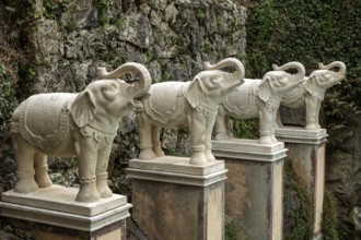 Indian elephant statues at the Indian Villa, Palazzina Indiana, Scherrer Park, Parco Scherrer,